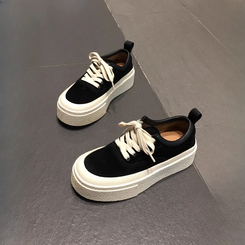 Retro frosted leather thick soled casual board shoes, women's round toe lace up genuine leather sports shoes, flat shoes