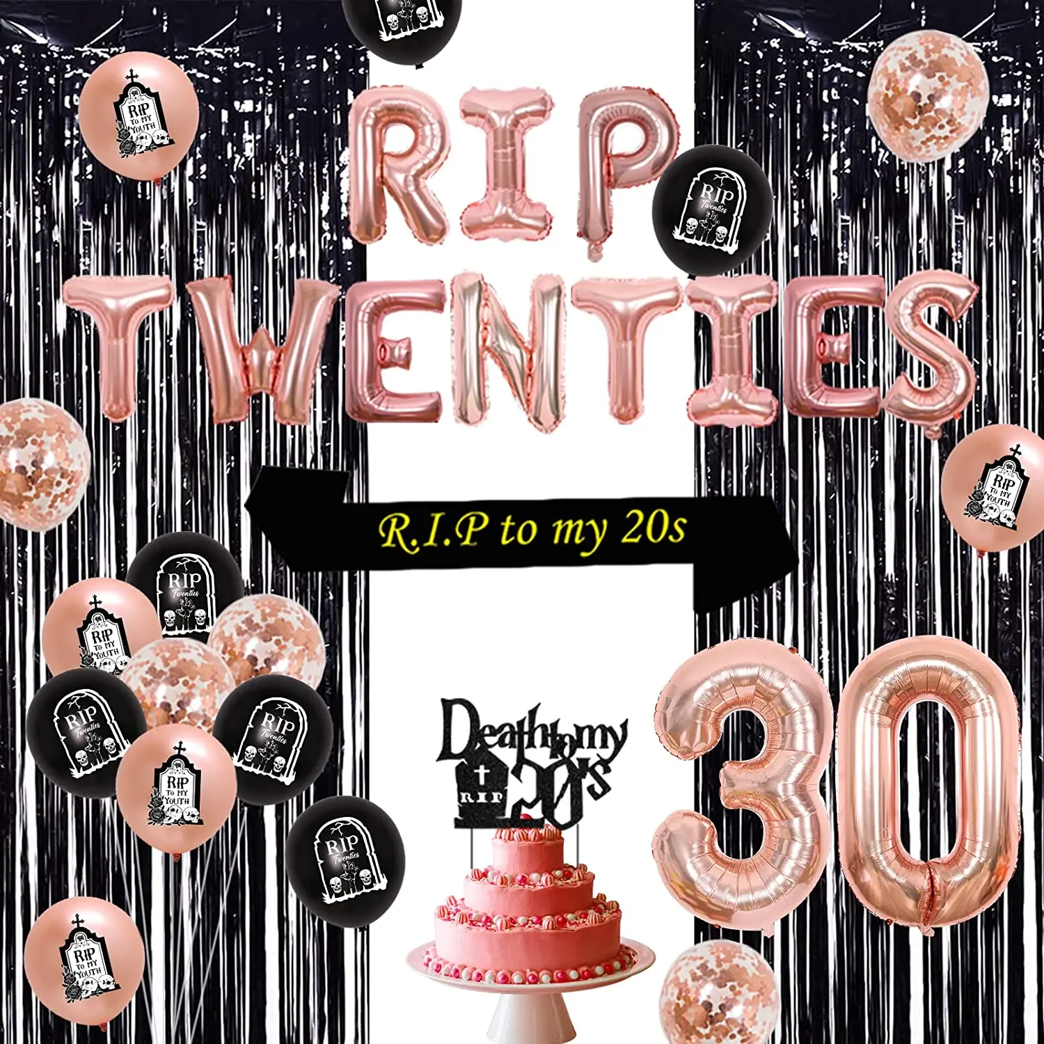 

Rip Twenties 30th Birthday Decorations Rose Gold for Women Rip Twenties Balloon Death To My 20s Cake Topper Rip To My 20s Sash
