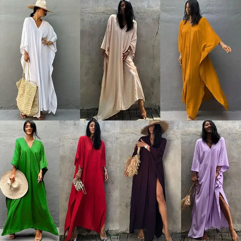 Solid Color Bikini Cover-ups Loose Women Beach Dress Robe De Plage Summer Kimono Dress Beach Wear Swim Suit Cover Up