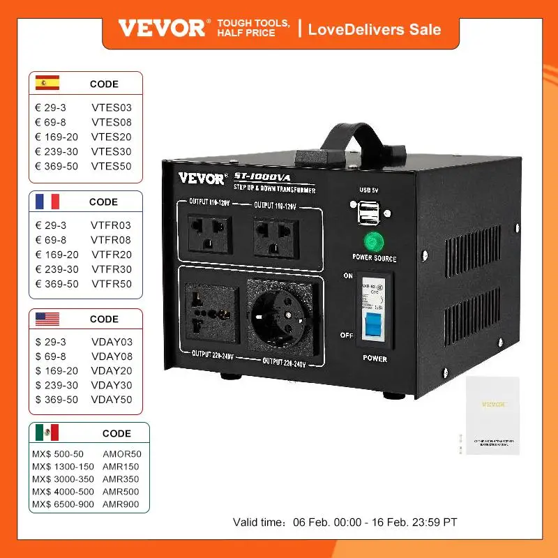 Vevor Convertitore Di Tensione Trasformatore Step Up Down 1000/2000/3000/5000 Va Con 4 Prese Ca E Jack Usb Per Elettrodomestici