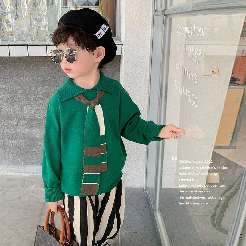 Children Clothing 2023 Autumn New One Piece Knit Top Boys Turn-down Collar Pullover Full Sleeve Loose All-match Soft Outdoor