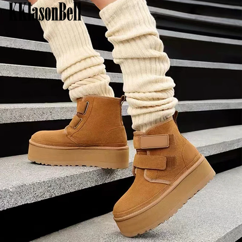 

12.18 KKlasonBell Hook & Loop Snow Boots Women Cow Suede Wool Keep Warm Round Toe Ankle Boots