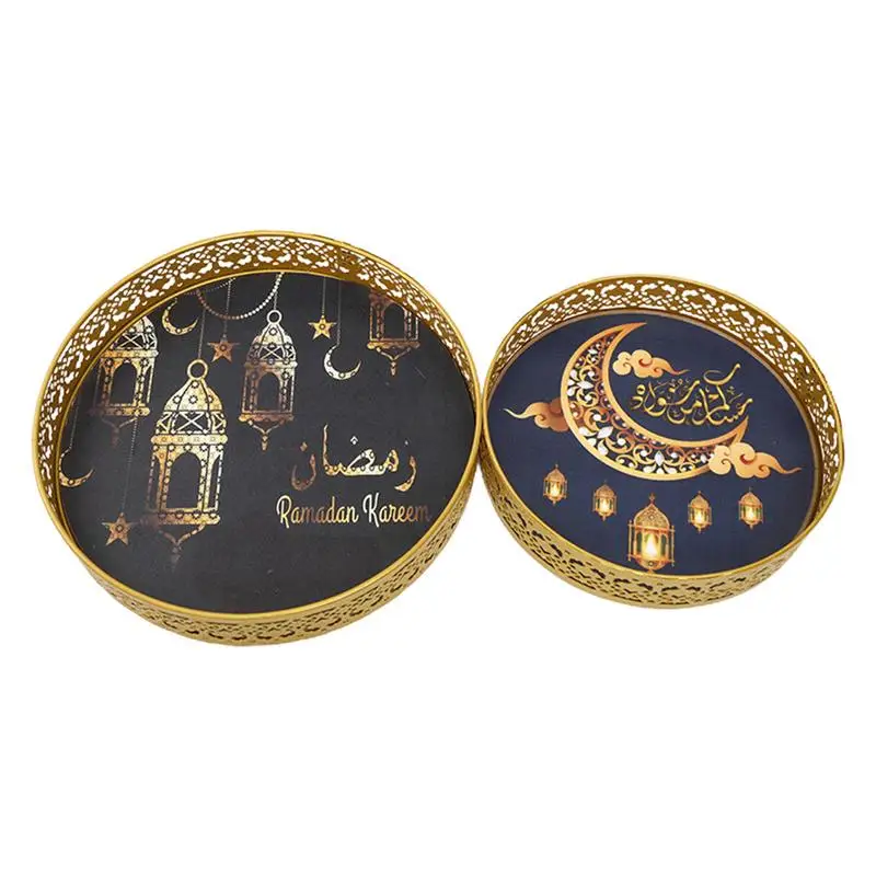 

Eid Plate Tray 2pcs Iron Round Candy Snack Serving Tray Food Storage Home Decoration Eid Gift Table Decor For Home And Party