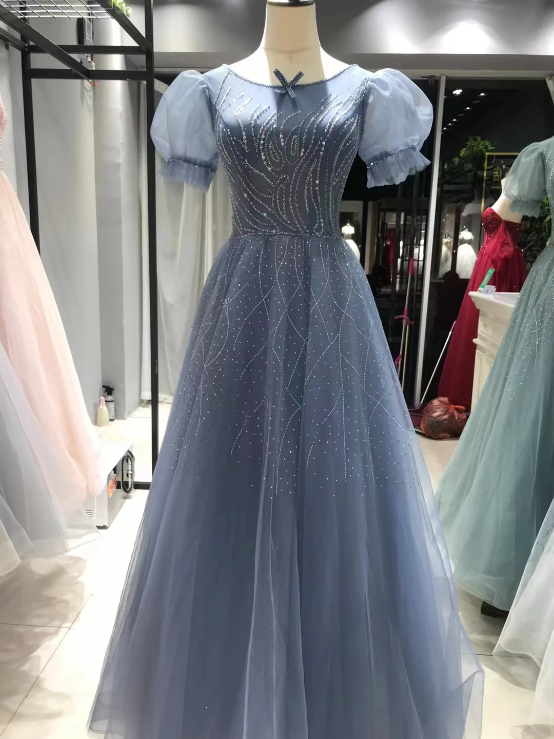 SSYFashion Luxury Sequins Beading Evening Dress Puff Sleeve A-line Scoop Long Formal Party Gowns for Women 6 Colors Custom Size evening dresses for weddings