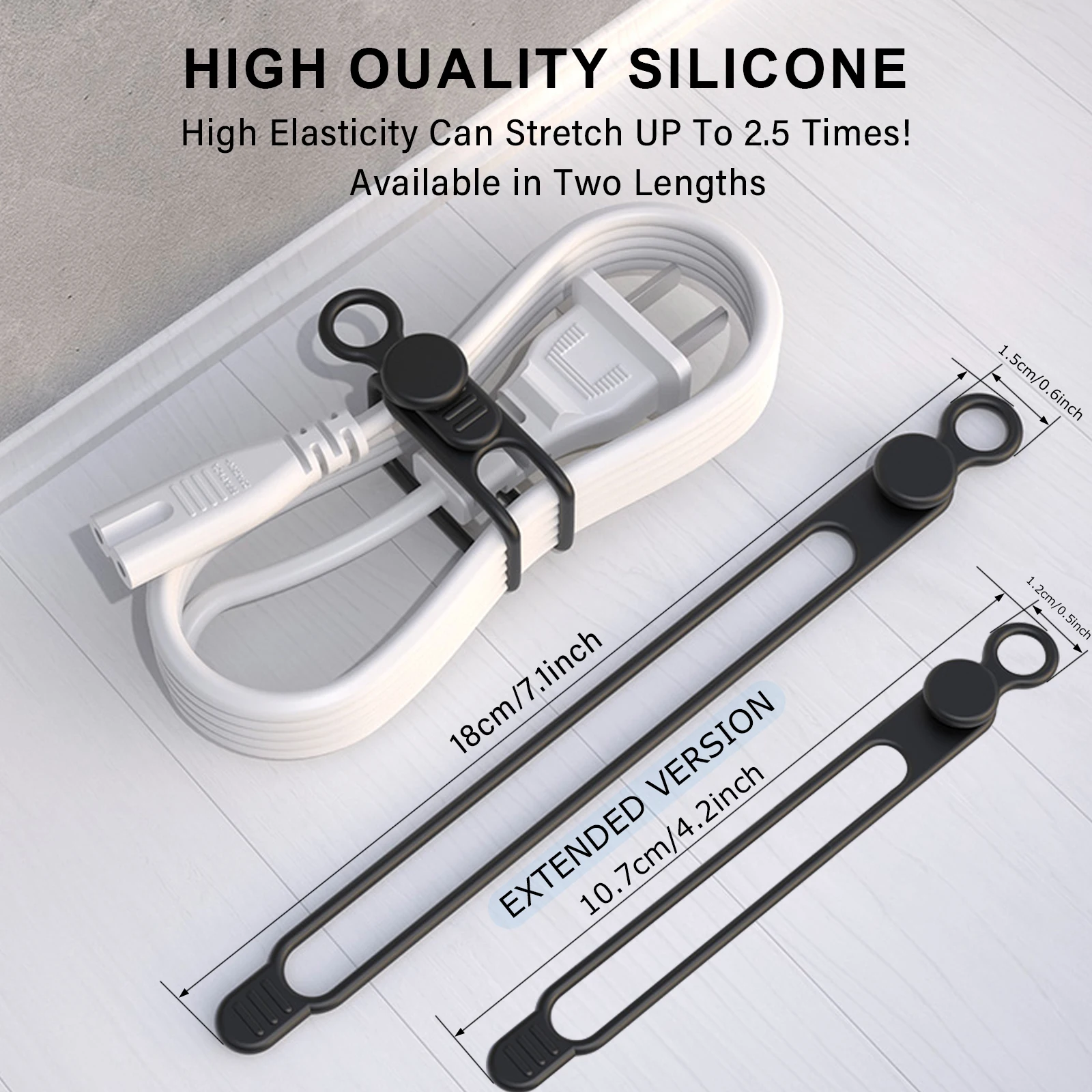 Siliconen kabelbinders, herbruikbaar, 5 stuks, zachte kabelbinders, gespontwerp, kabelbinders, wrapper, kabelbinders, houder, kabelhouder voor kabelbeheer, zwart, wit, grijs, groen, roze, geel