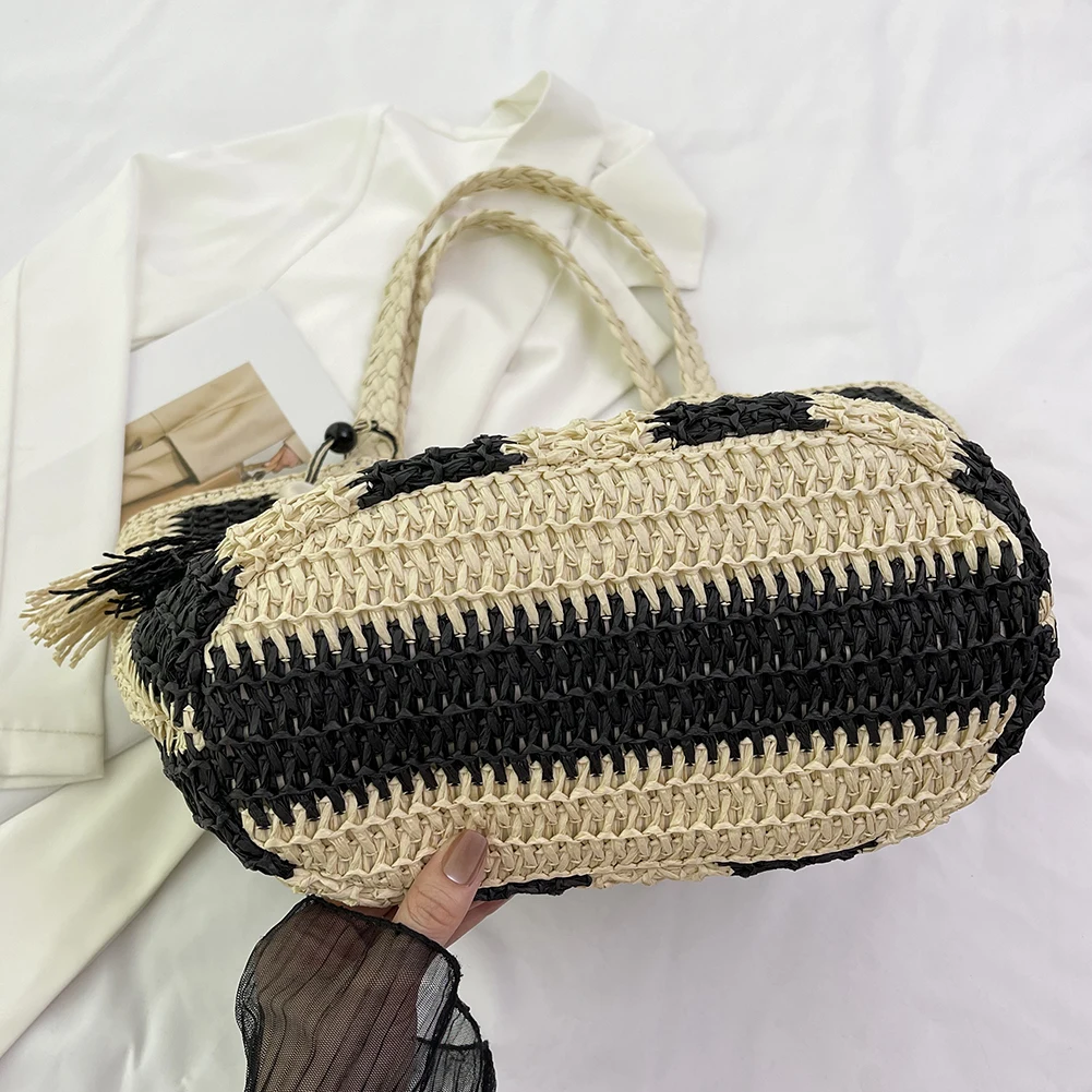 Striped Straw Beach Bag Large Vacation Bag Woven Holiday Travel Handbag with Tassel for Women Work Travel Vacation