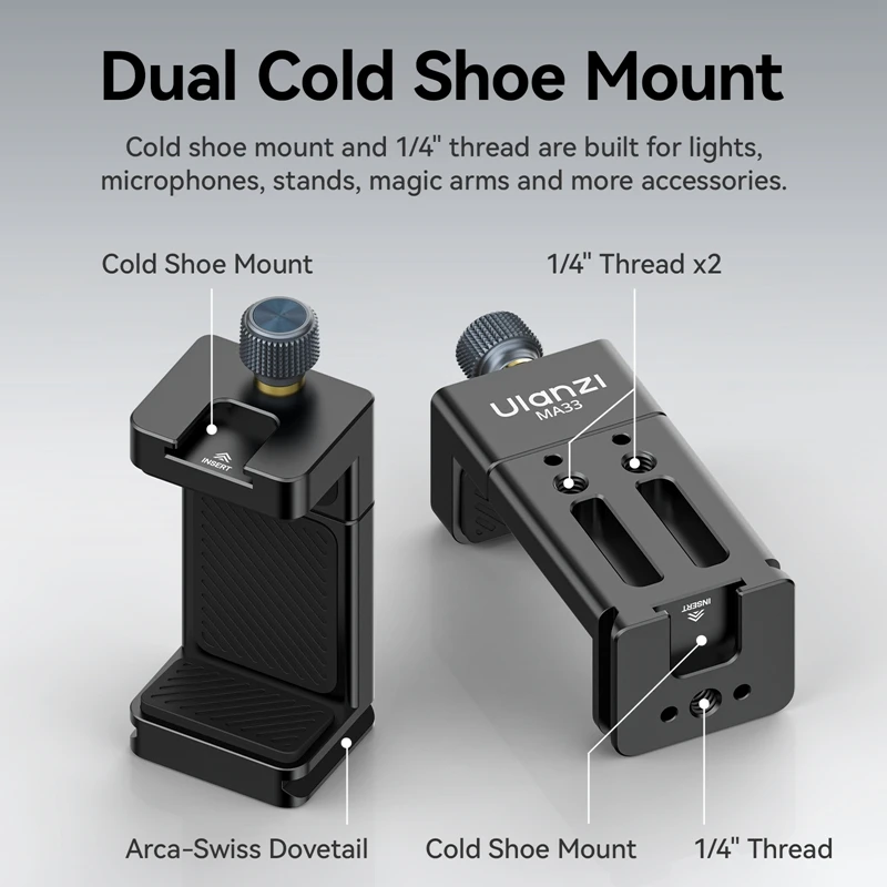 Ulanzi MA33 Arca Swiss Phone Mount Smartphone Holder Clamp Clip with Cold Shoe Mount for Photograph Vlogging Livestreaming