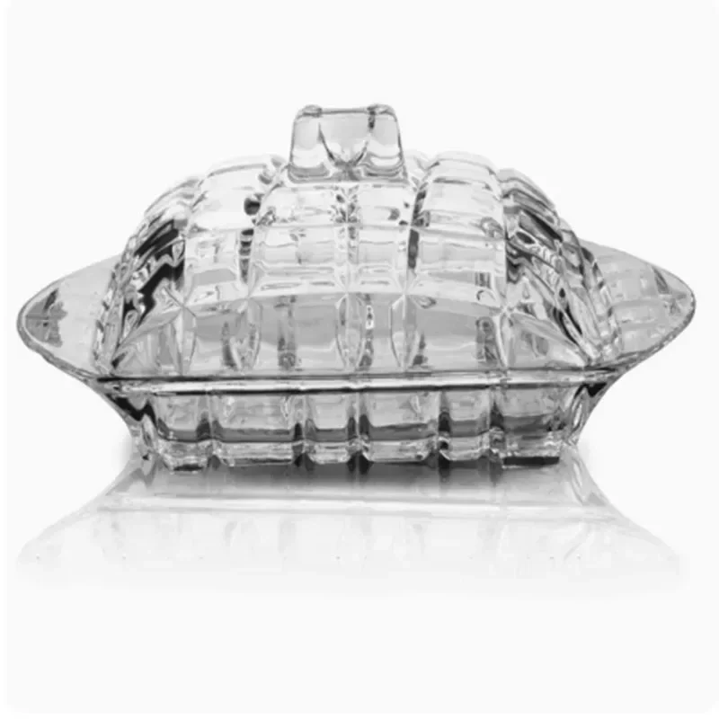 Light Luxury Clear Glass Butter Dish with Lid Creative Kitchen Grid Relief Boxes Western Food Cheese Dessert Butter Storage Box