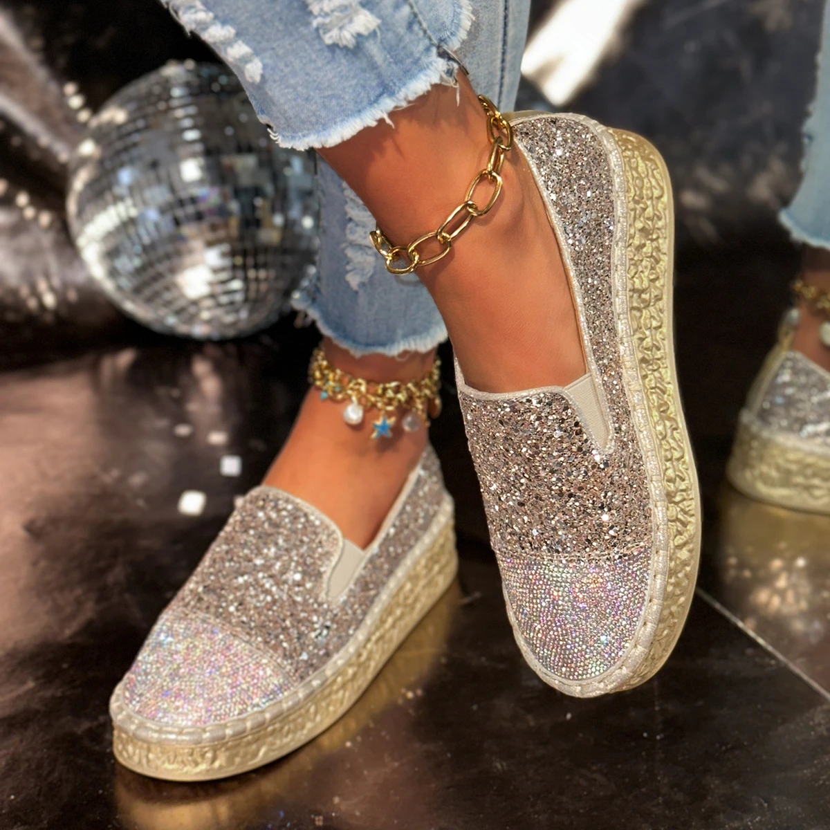 Aphixta 2025 New Bling Sequined Woman Shoes Flat With Slip On Silver Loafers Spring Woman Fashion Shoes Big Size 43