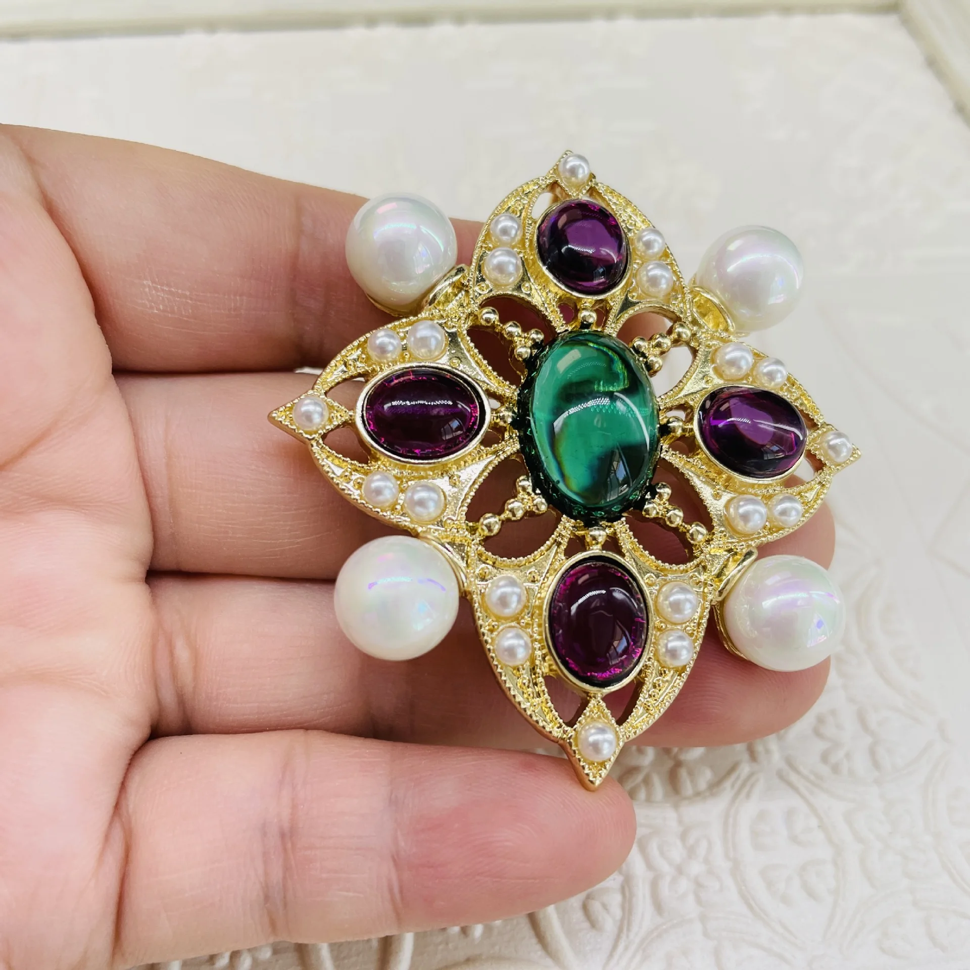 Openwork Colored Pearl Brooch Pendant Vintage Cross Pin Women's