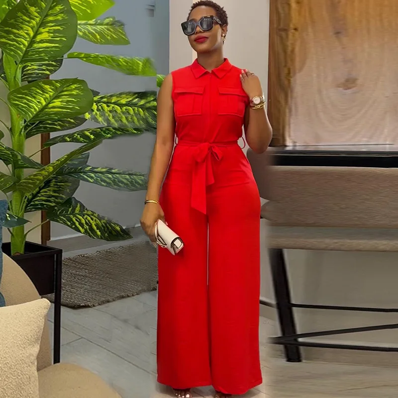 Women Summer Zipper Fly Turn-down Collar Pocket Front Sleeveless Wide Leg Jumpsuit 2024 casual One Piece Suit Romper Playsuit