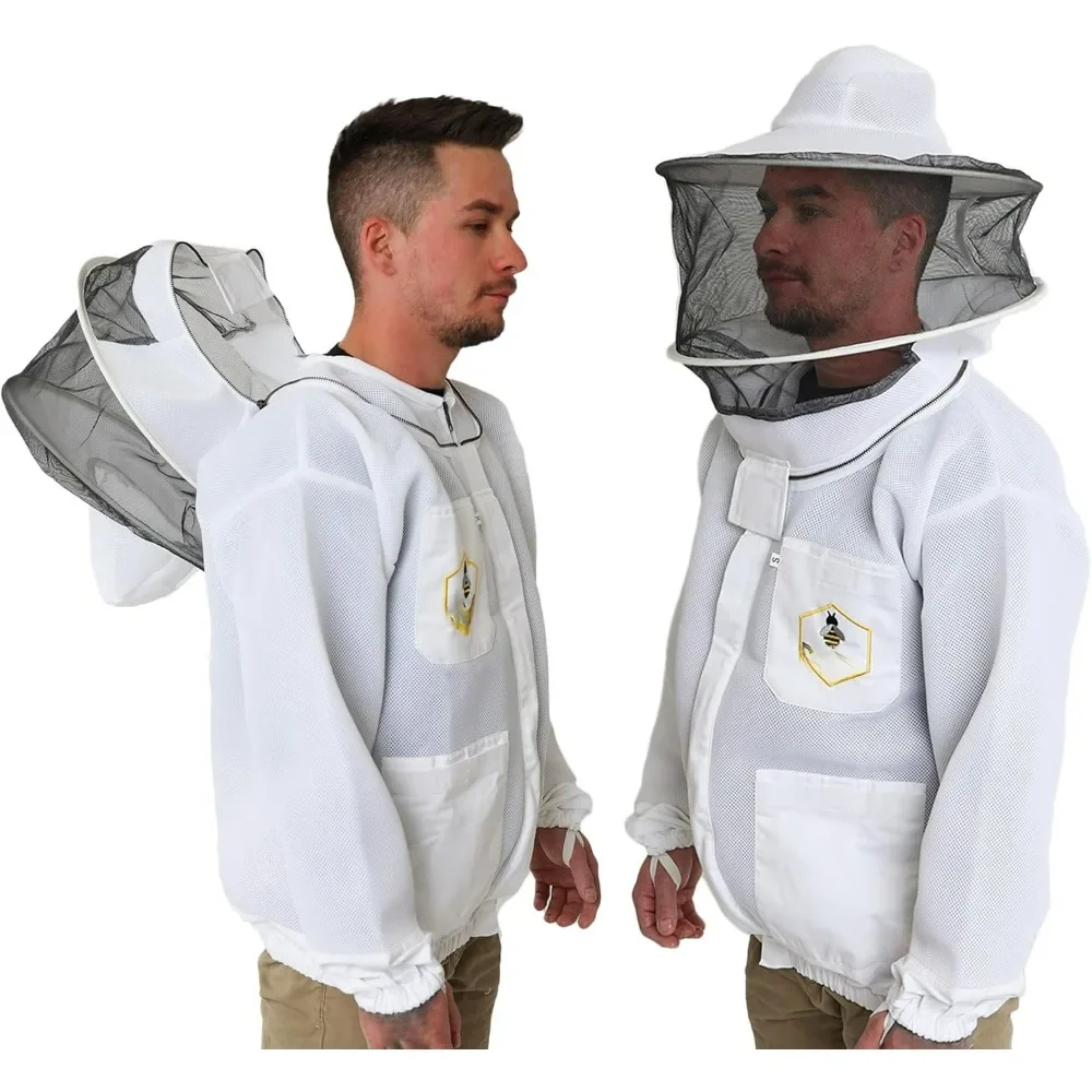 Ventilated Beekeeping Jacket with Round Veil, Heavy Brass Zippers, Lightweight Breathable Airmesh Fabric, Comfortable Protective