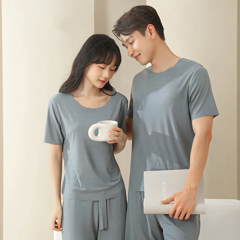 

Couples Seamless Sleepwear Women's Short Sleeve Long pant Pajamas Set Mens Shorts Pijamas Soft Summer Home Clothes Free Ship