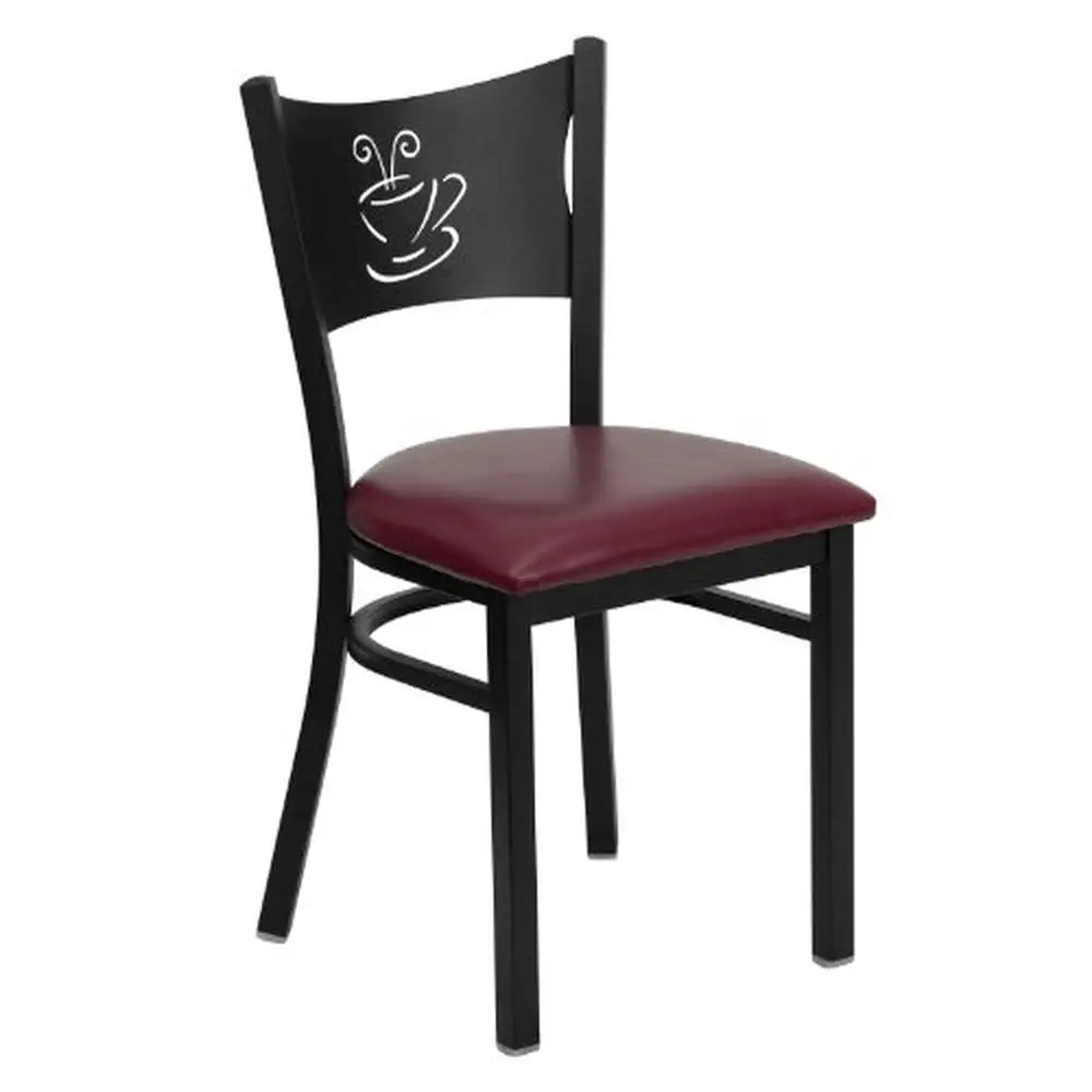 

Metal Dining Chair with Coffee Cutout Design 500 lb. Weight Capacity Commercial Grade Burgundy Vinyl Seat Curved Support Bar Set