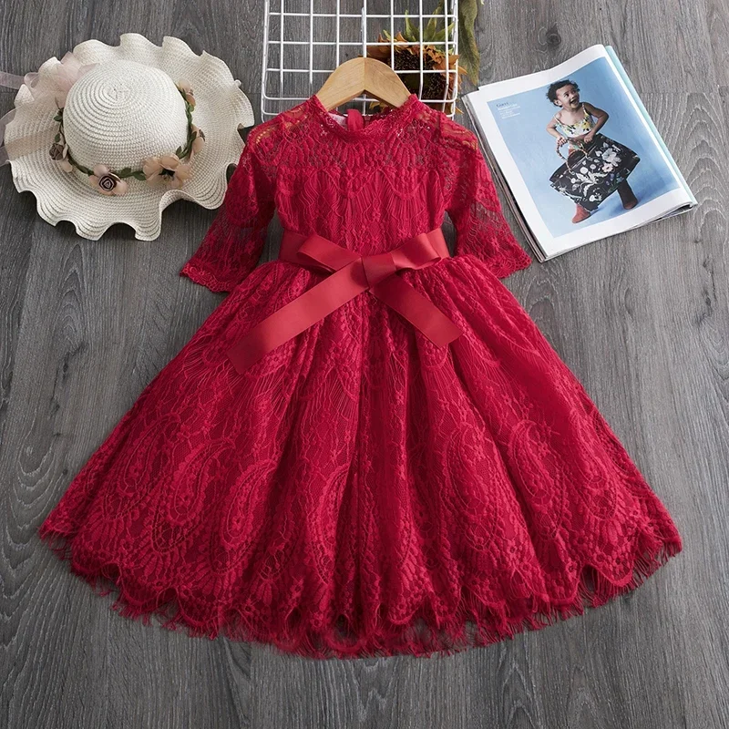 Fall Teens Girl Dresses For Child Floral Long Sleeve Gown Children Dresses Lace Flower Party Dress Vestido Infantil 3 to 8 Years