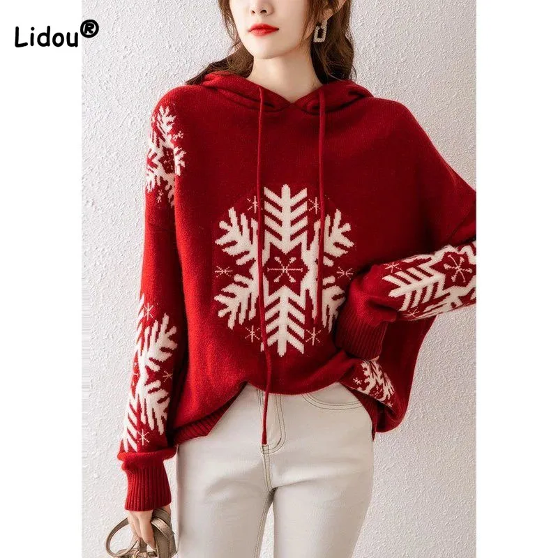 

Women's Clothing Fashion Korean Jacquard Weave Hooded Knitted 2023 Autumn Winter Trend Vintage Long Sleeve All-match Sweaters