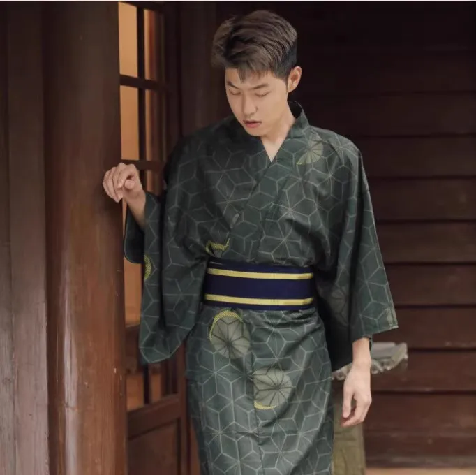 Men's Summer Yukata Deep Green- Samurai-style Navy Checkered Kimono, Wrinkle-Free & Colorfast for Festivals or Cosplay