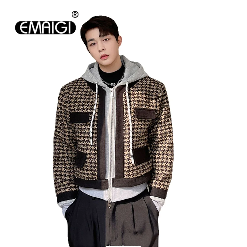 Men Houndstooth Hooded Jacket Splice Design Fashion Vintage Niche Hood Short Coat Male Korean Streetwear Loose Casual Jacket