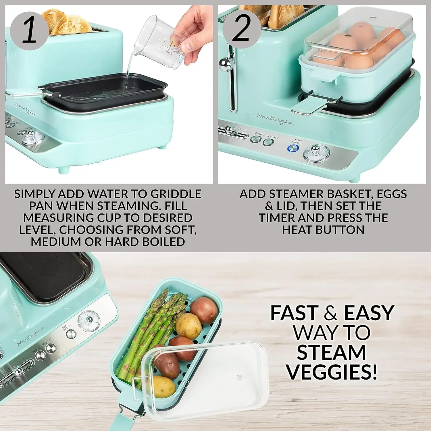 NEW Classic Retro 3-in-1 Breakfast Station, 2-Wide Slot Toaster With Adjustable Toasting Control, Non-Stick Griddle