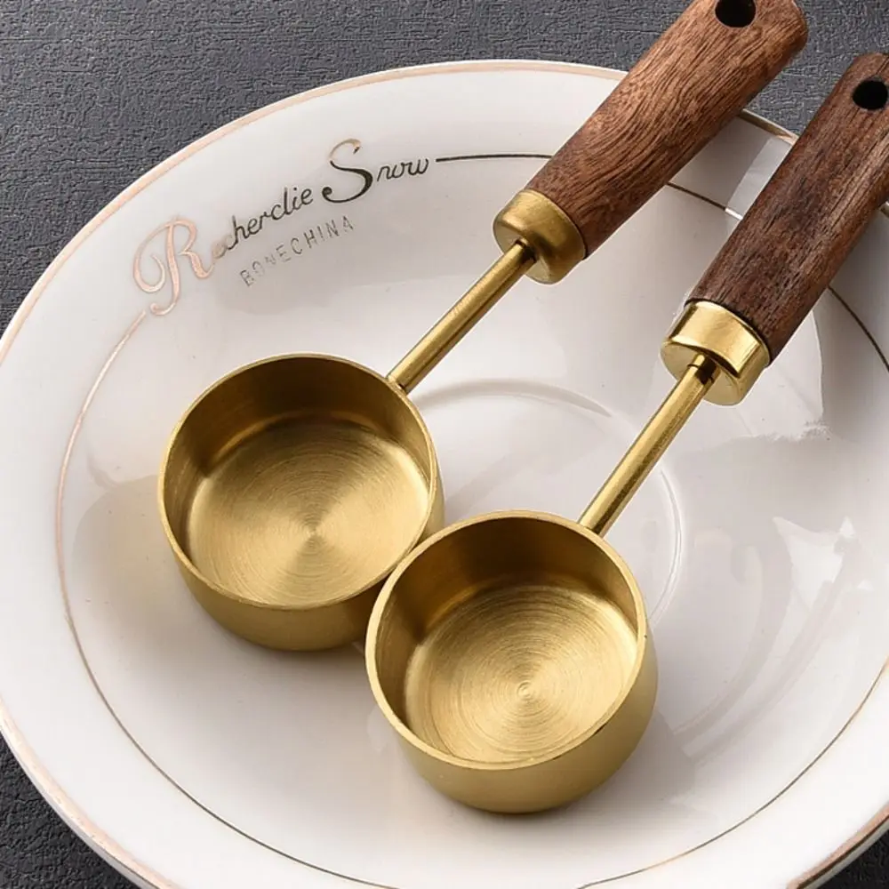 Kitchen Measuring Spoons Set Flat Bottom Stainless Steel Measure Spoon with Wood Handle Hangable Measuring Cup 14ml Rustproof Baking Tools
