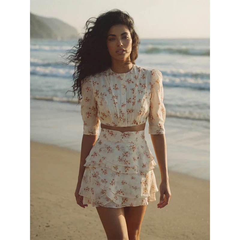 Women's Fashion Print Mini Skirt Set Bubble Sleeves O-neck Crop Top Layered Ruffle Suits 2026 Summer Lady New Highstreet Outwear 5