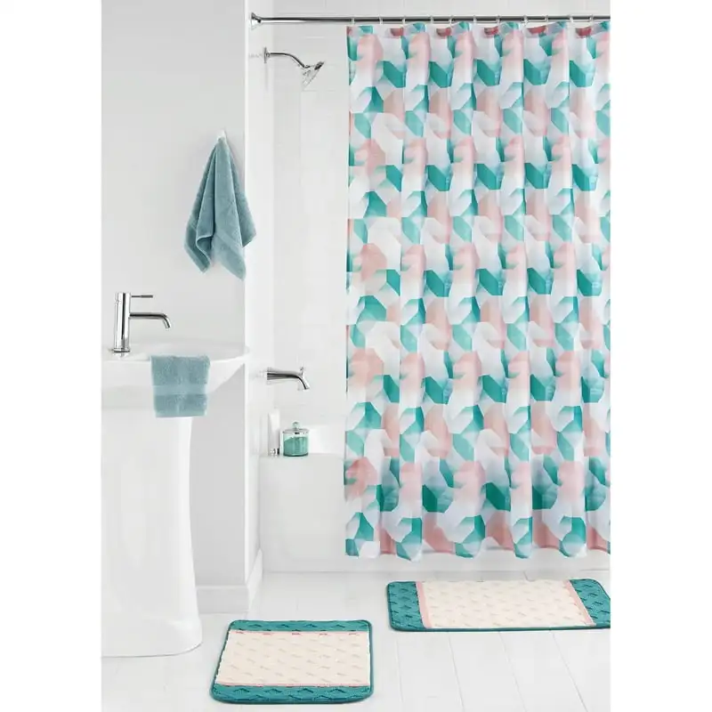 

15-Piece Geometric Polyester Shower Curtain Set, Multicolor Barhroom accessories Plainshower cartain Cortina para ducha baño St