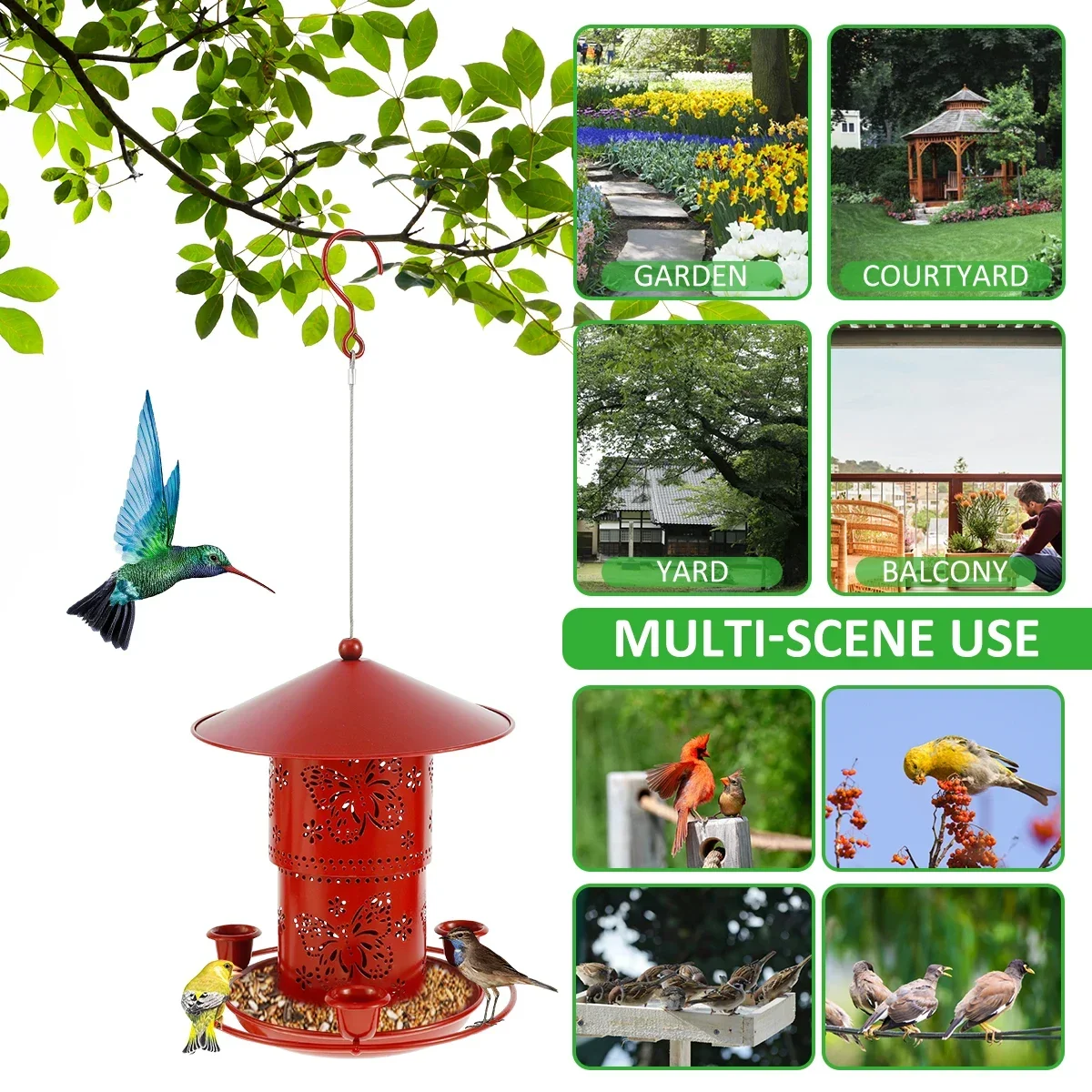 Metal Bird Feeder 32oz Adjustable Hummingbird Feeder with 3 Water Cups and S Hook Weather-Resistant Outdoor Hanging Wild Bird
