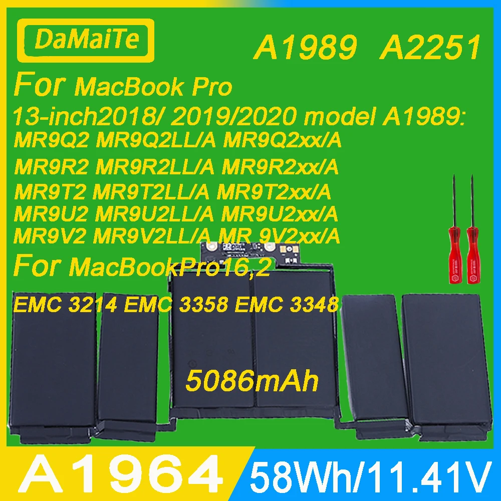 Bateria do Portátil para Apple Macbook Pro 13 A1964 A1989 Mid Later A2251 2023 Emc 3214 Emc 3358 3348 02002497 Mr9q2ll a Novo