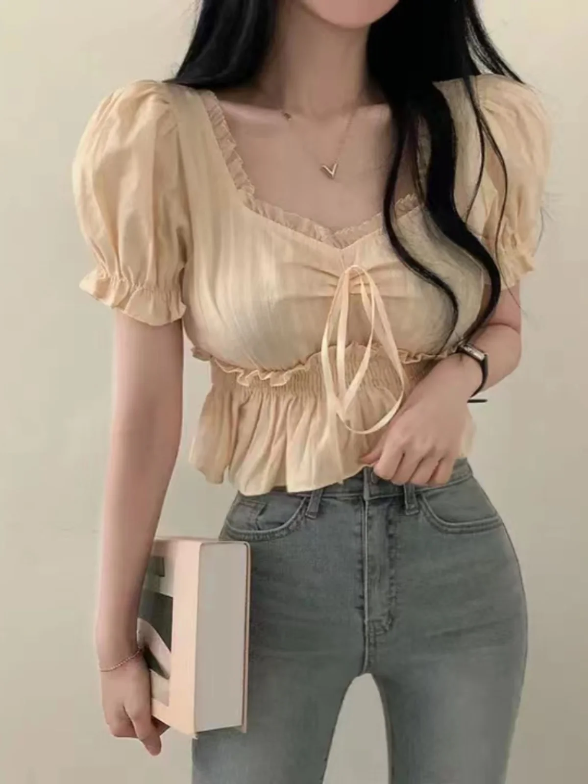 세련된 레이스 패치 워크 여성 셔츠 짧은 버블 슬리브 허리 Cinching 디자인 감각 매듭 여름 탑 한국 스타일 루즈 피트