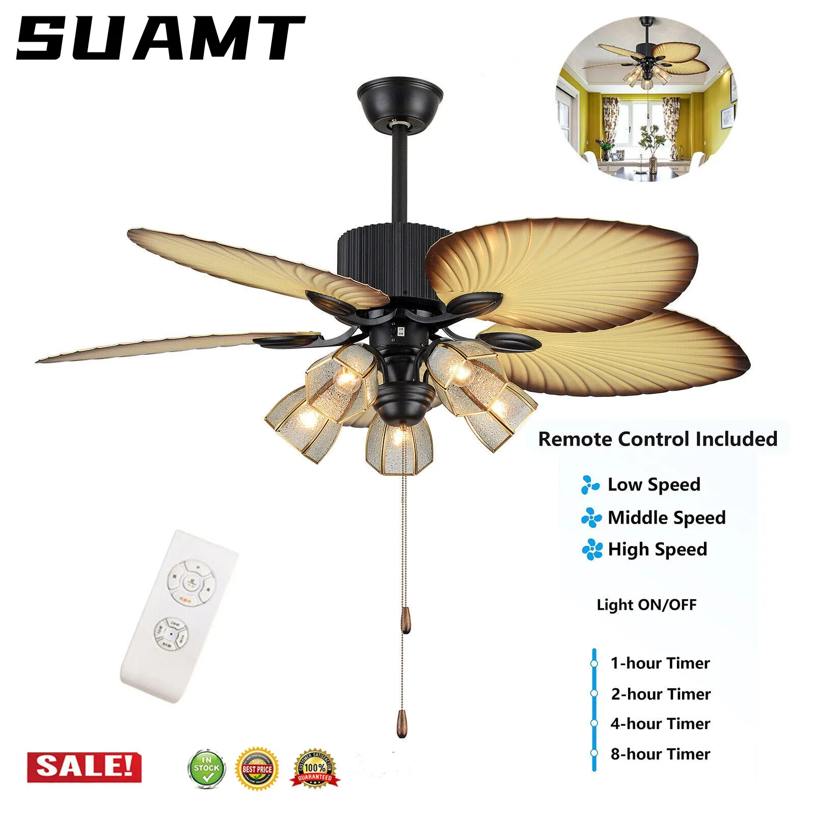 

Ceiling Fan Lamp Variable Frequency Mute Remote Control Electric Fan 52 inch 5 Lights American Retro Big Leaf Fans Lights Decor