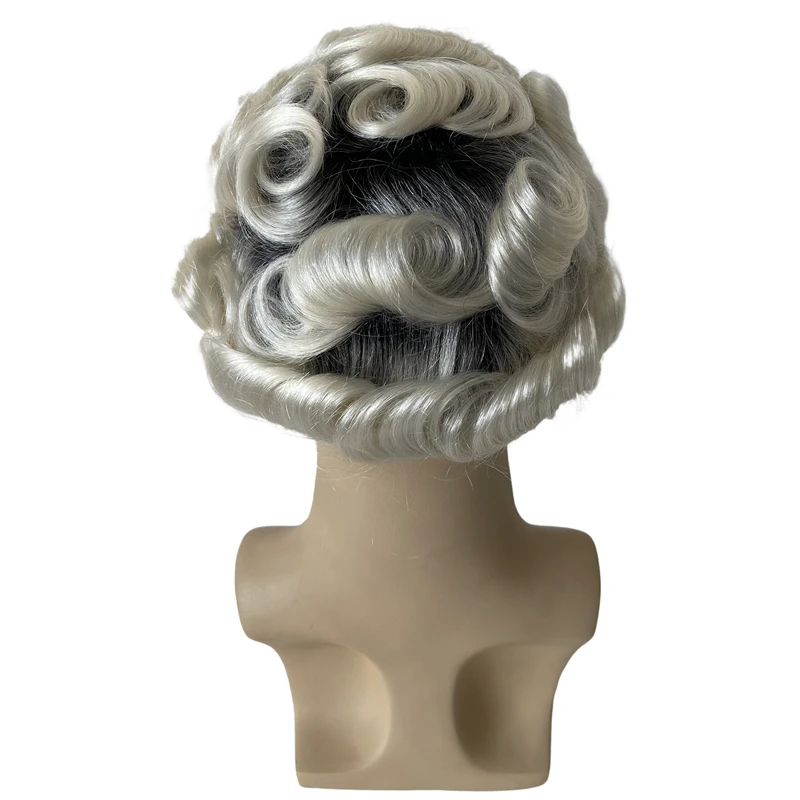 European Virgin Human Hair Replacement 32mm Wave Ombre Platinum Color T1b/#60 Full PU Toupee 8x10 Skin Unit for White Men