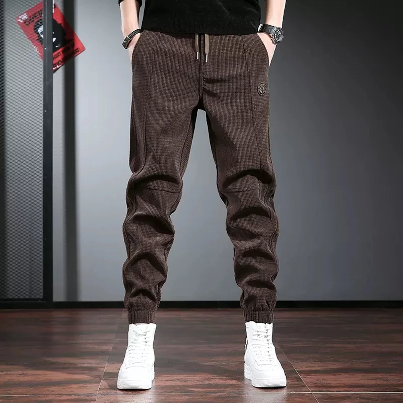 Autumn Fashion Corduroy Pants Men Sport Baggy Pants Streetwear Casual Coffee Elastic Waist Drawstring Jogging Trousers