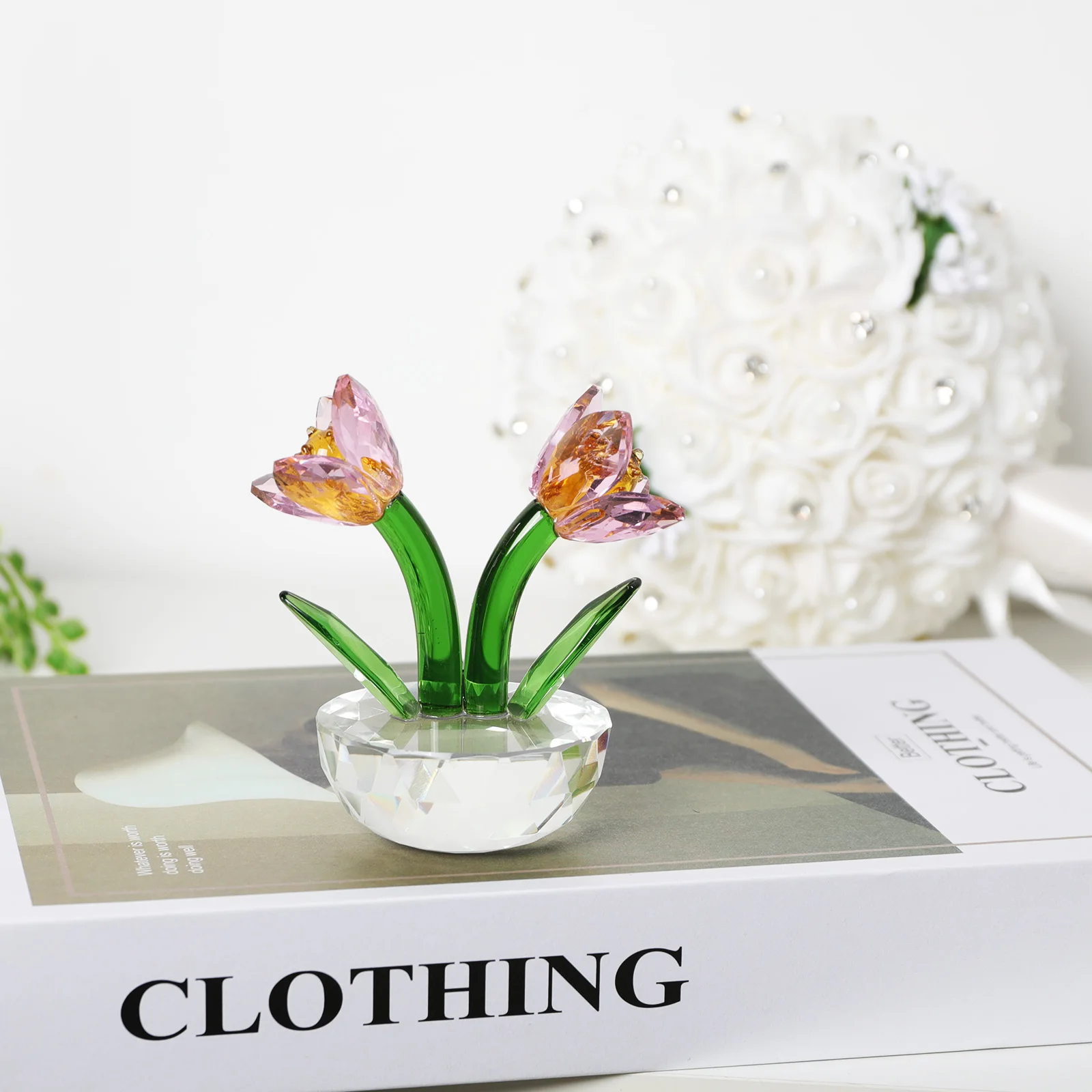 

Exquisite Handmade Pink Tulip Crystal Ornaments Bonsai Ornaments Creative Home Crafts Living Room Desktop Decorations Gift