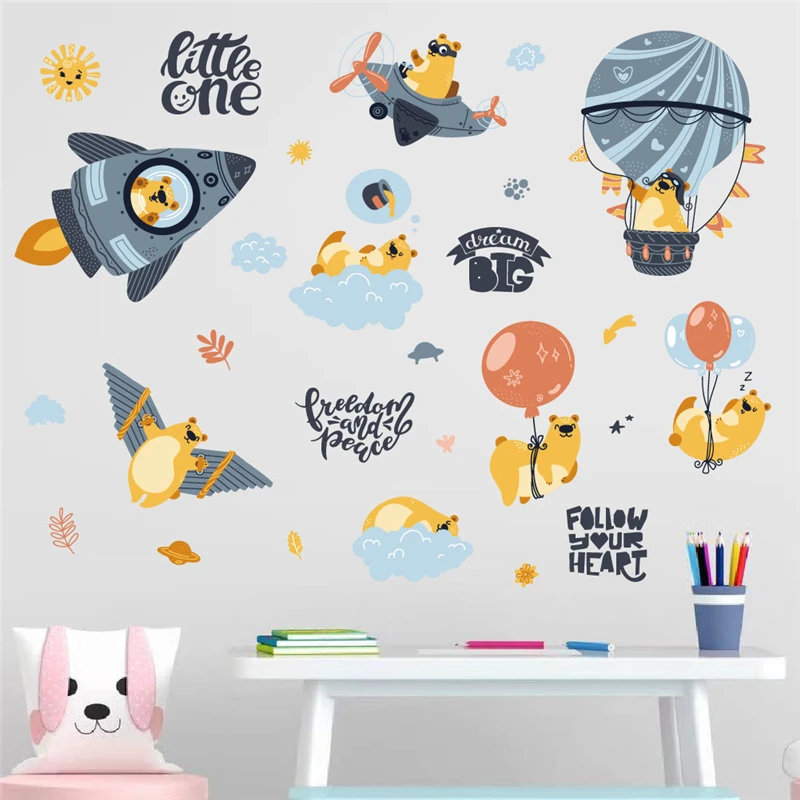 

Cute Bear Flying On Plane Balloon Could Wall Stickers For Kids Bedroom Decoration Diy Animals Mural Art Home Decals Pvc Posters