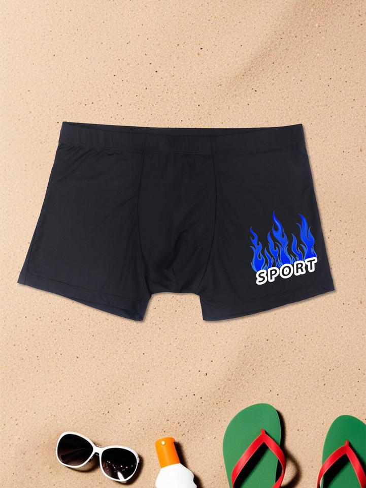 Men Beach Boxer Shorts with Fire Prints Black Performance Swimming Trunks Slim Fit Bathing Suit