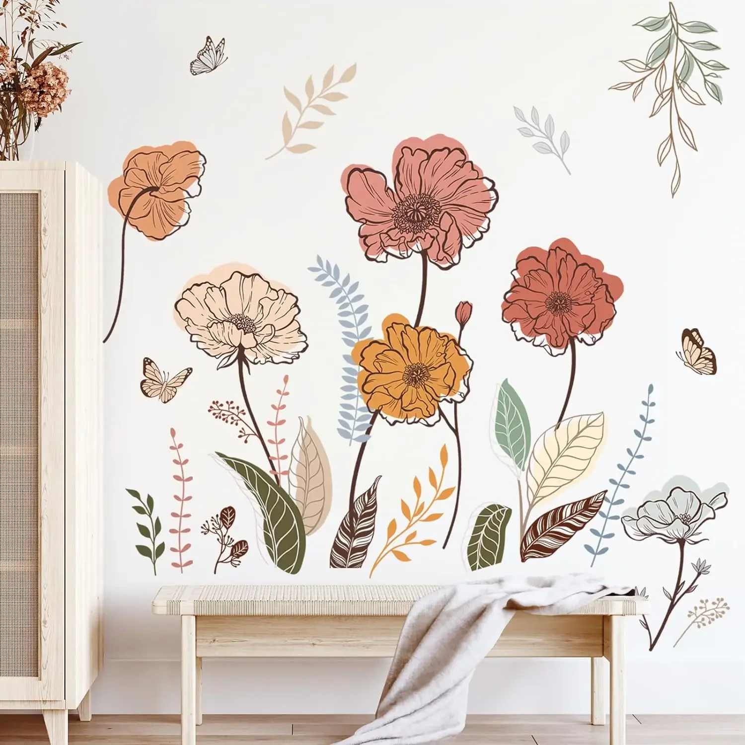 Wondever Boho Flower Wall Stickers Wildflower Floral Grass Peel and Stick Wall Art Decals For Living Room Bedroom TV