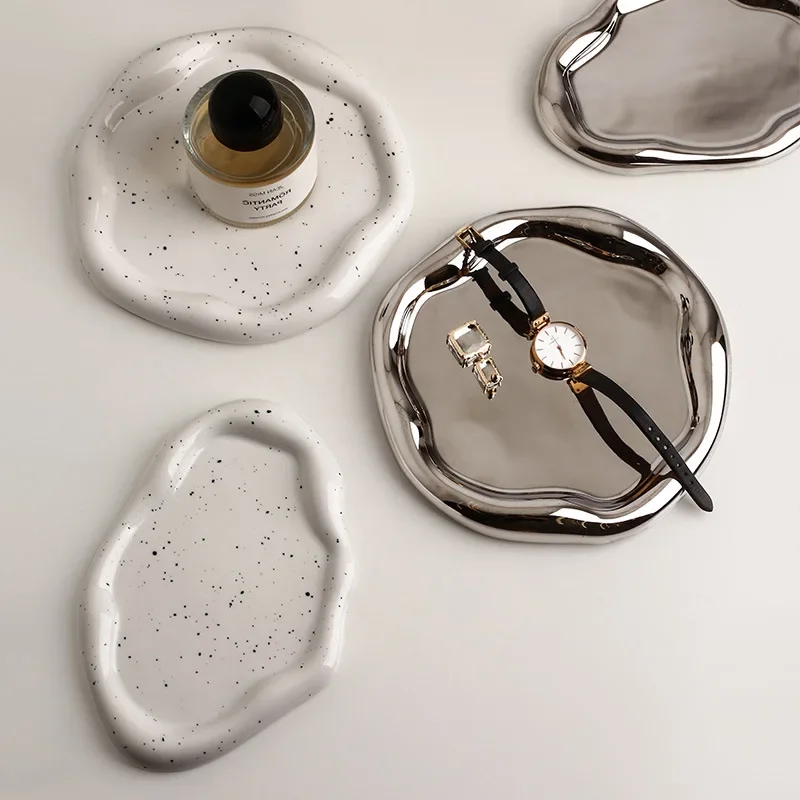 

2023NEW Silver Plated Ceramic Dish Irregular Desktop Storage Tray Decorative Kitchen Living Room Jewelry Organizer