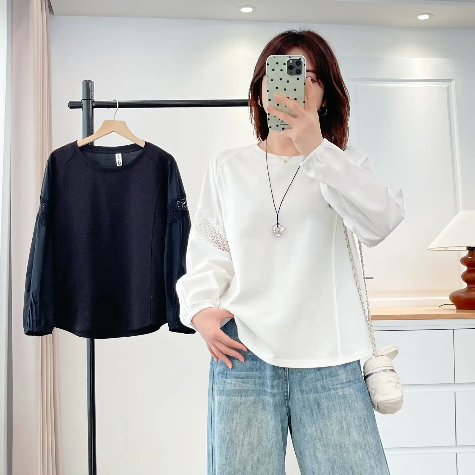 Plus Size Women's T-Shirt 2025 Autumn New Fashion Lace Patchwork Long Sleeve round-neck Tops 2561