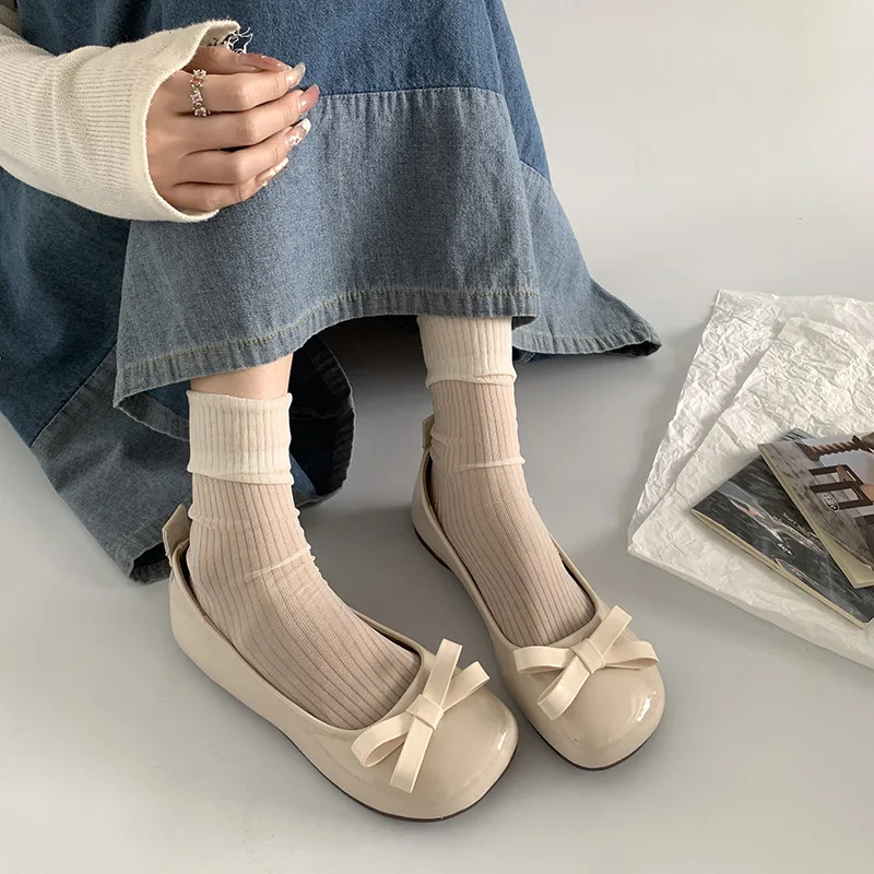 Retro Bowknot Patent Leather Women's Ballet Flats Shoes Autumn Slip on Flat Shoes Round Toe Flat Loafer Female Mary Jane Shoes 2
