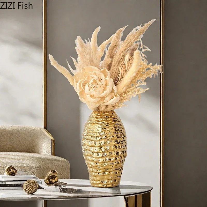 Golden Wrinkle Ceramic Vase Flowers Pots Desk Decoration Flower Arrangement Gold-plated Floral Vases Room Aesthetic Decor 4