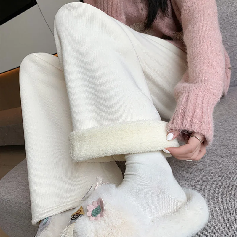 Women Wide Leg Corduroy Berber Fleece Pants 2024 Autumn Winter Loose Long Sweatpants Female Basic Soft Straight Warm Trousers