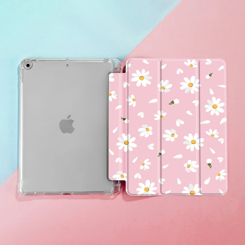 Floral Design iPad Protective Case with Pencil Holder and Auto Wake/Sleep Function