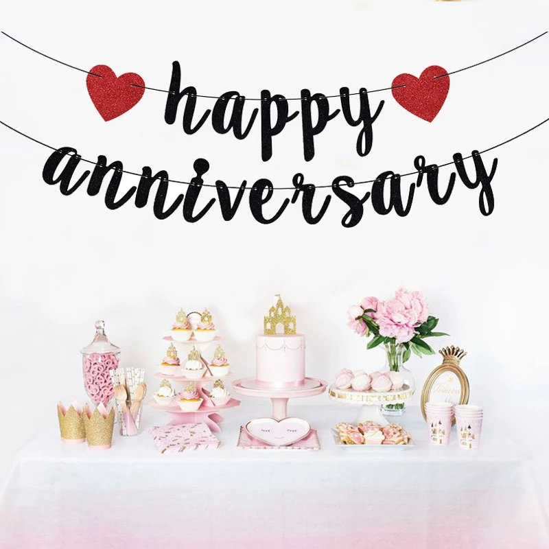 Black Happy Anniversary Banner Anniversary Party Decoration Happy Party Decoration