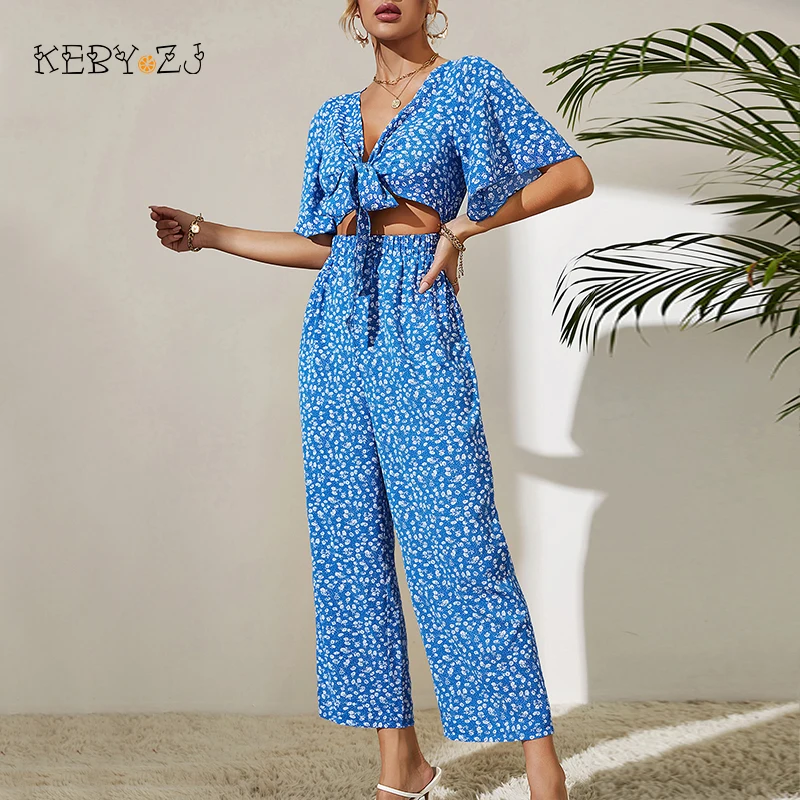 

Fashion Design One Piece Jumpsuit Women 2022 Summer Blue Casual Short Sleeve V Neck Crop Floral Print Jumpsuits For Women