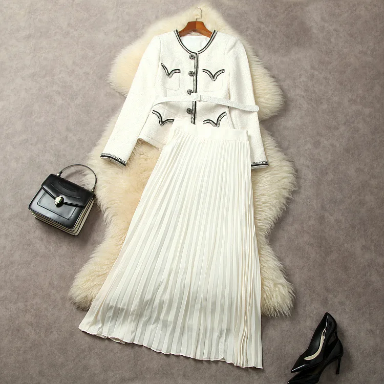

European and American women's clothing 2023 autumn new Tweed jacket with long sleeve belt Pleated skirt Fashion suit