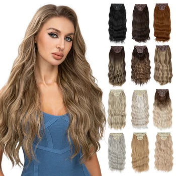 Synthetic 22" Long Wavy Clip In Hair Extensions 4Pcs/Set Thick Hairpiece For Women Brown Blonde Black Natural Fake Hair Pieces 1