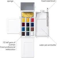 Winsor & Newton Cotman Watercolor Paint Field Pocket Portable Travel Set 12 Colors Half Pans Watercolor Painting Brush Sponge 5