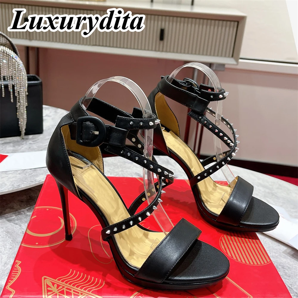 

LUXURYDITA Women Sandal Luxury 10CM High Heels Designer Customize Red Heel Choca Lux Socialite Dinner shoes H482