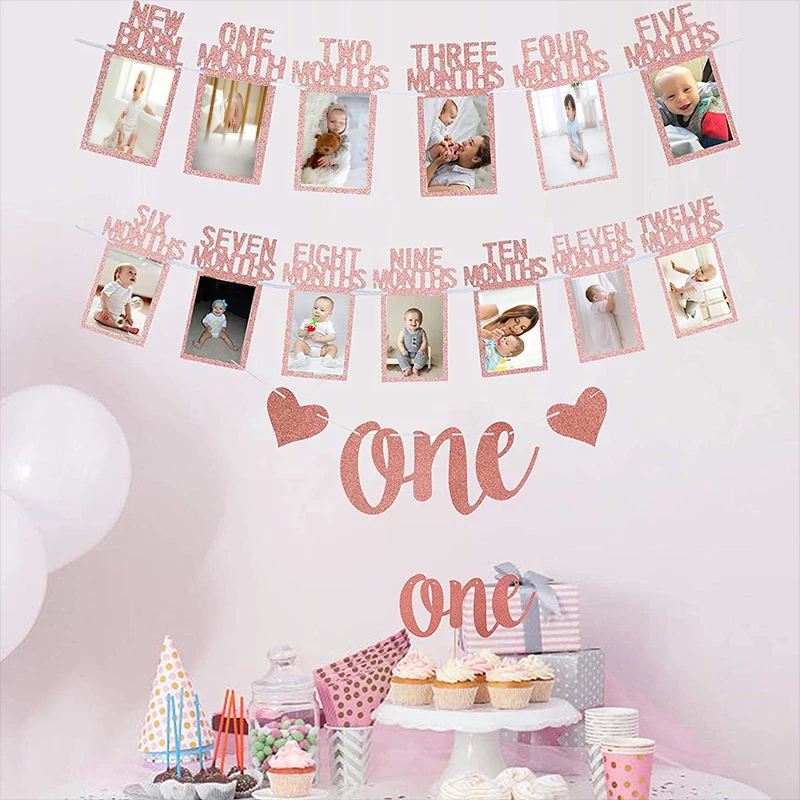 1st Birthday Baby Photo Banner for Newborn to 12 Months with High Chair Banner First Birthday Celebration Decoration