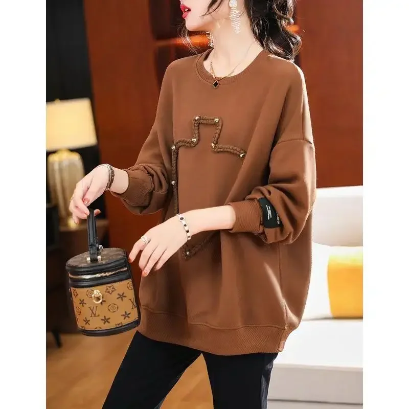 Autumn and Winter New Women's Solid Color Round Neck Pullovers All-match Chic Spliced Long Sleeve Loose Tops Female Clothing